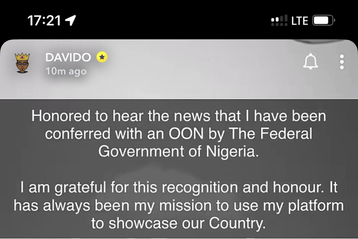 Davido expresses gratitude for OON Award from former president Muhammadu Buhari