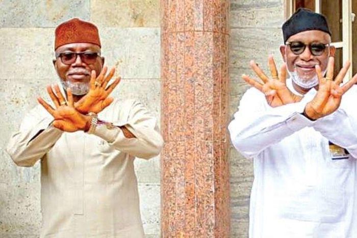 Ondo Deputy Governor, Lucky Aiyedatiwa and his ailing principal, Governor Rotimi Akeredolu during their campaign. [Newspeak]