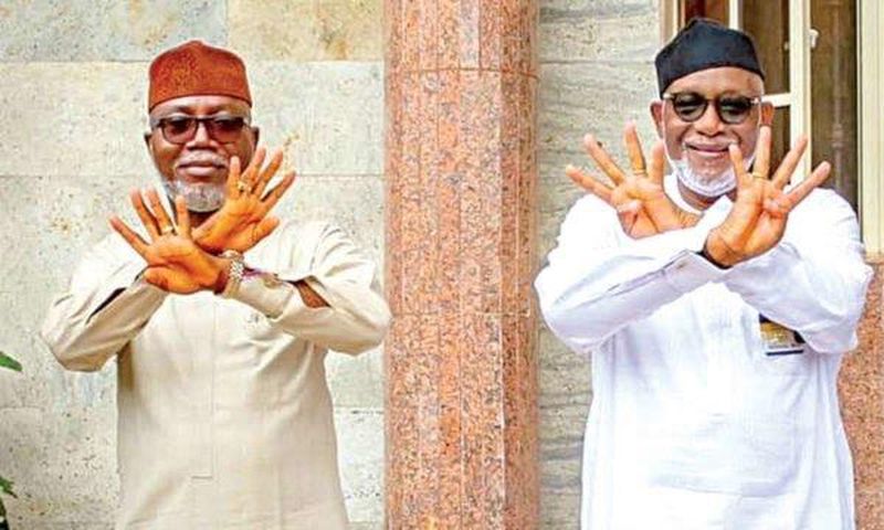 Ondo Deputy Governor, Lucky Aiyedatiwa and his ailing principal, Governor Rotimi Akeredolu during their campaign. [Newspeak]