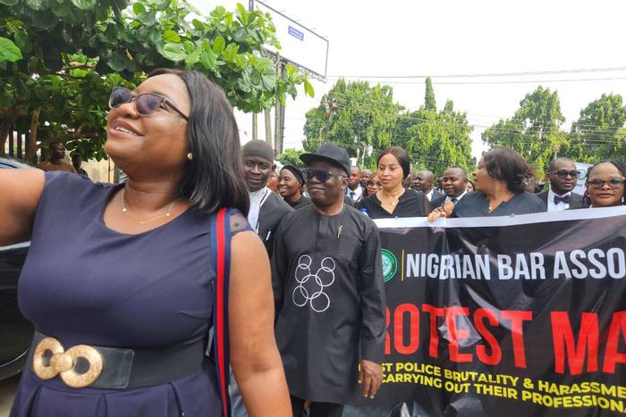 Members of Ikeja, Ikorodu, Badagry and Epe branches of the Nigerian Bar Association during a protest march against police brutality in Lagos on Thursday [NAN]