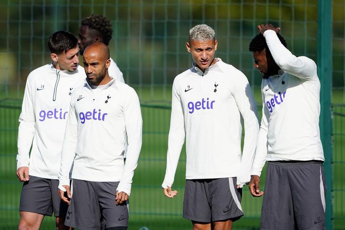 Tottenham Hotspur Training and press conference, Tuesday October 11th, Tottenham Hotspur s Clement Lenglet, Lucas Moura, Richarlison and Emerson Royal during a training session at the Tottenham Hotspur