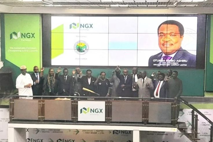 Management of Odu’a Investment Company Ltd and NGX at the closing gong ceremony of the Exchange on Friday in Lagos [NAN]