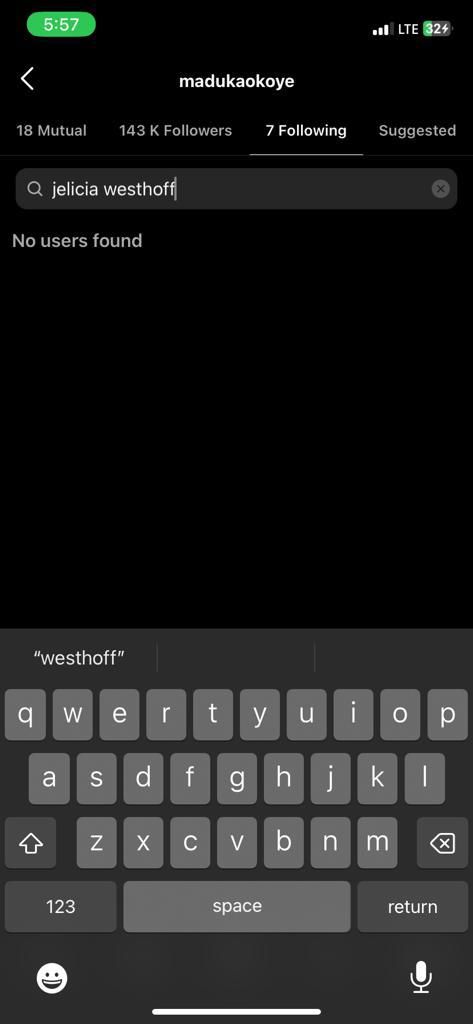 Maduka Okoye and Jelicia Westhoff have unfollowed each other on Instagram