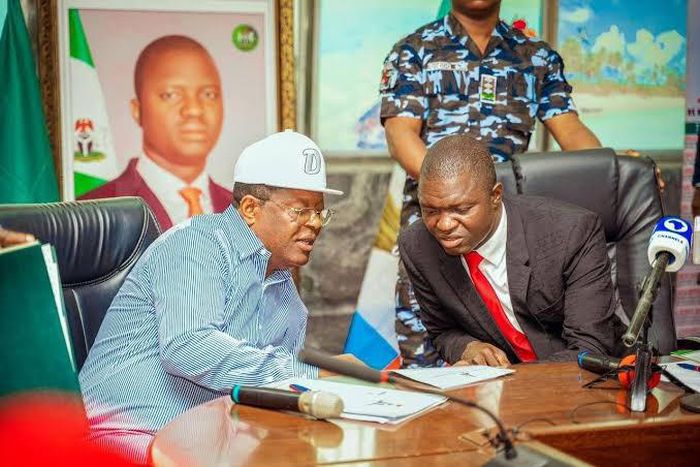 Minister of Works, Chief David Umahi and his successor in Ebonyi State, Governor Francis Nwifuru [Twitter:@iamAhmadOlolu]