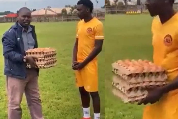 Kenneth Musonda, footballer receives footballer 5 crates of egg for being Man of the Match