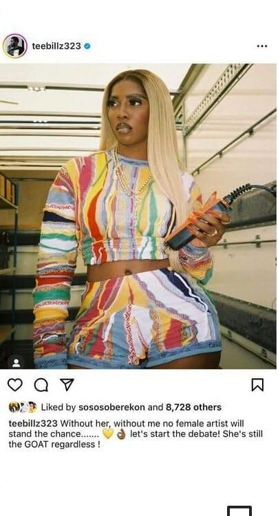 Teebillz elevates Tiwa savage in now-deleted post