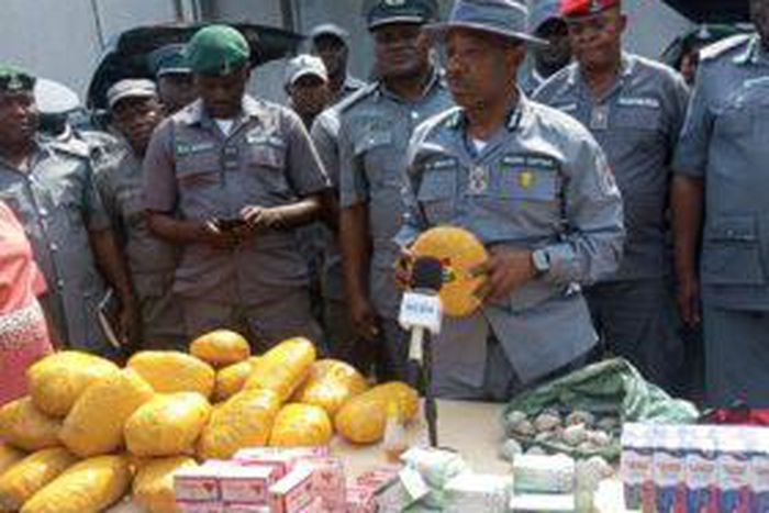 The Controller of Seme Area Command Mr Dera Nandi, addressing journalists during a press briefing on seizures made  by the command, on Friday.