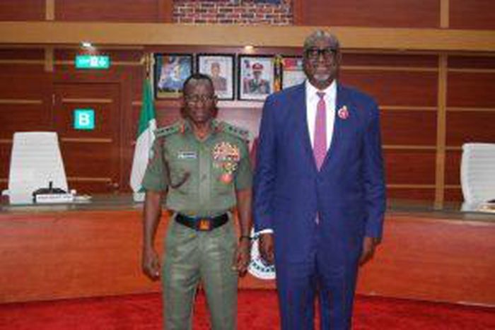 Chief of Defence Staff (CDS), Gen. Lucky Irabor and President, Nigerian Bar Association (NBA), Mr Yakubu Maikyau during a courtesy visit by NBA to DHQ in Abuja on Wednesday (14/12/22