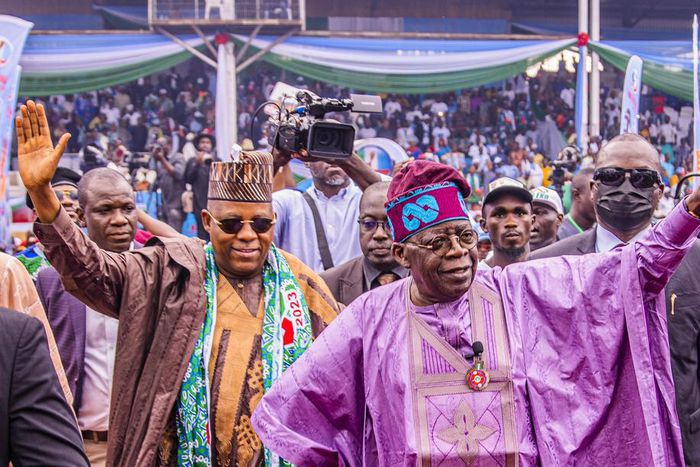 APC Presidential candidate Asiwaju Bola Tinubu and his running mate, Kashim Shettima. [Twitter:Sharksawn]