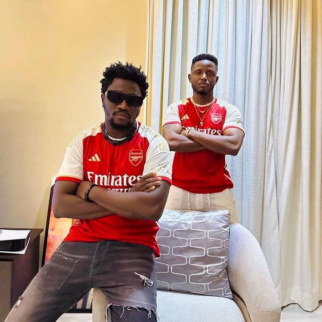Nigerian skitmaker Nasboi and singer Chike rocking Arsenal jerseys from Premium Style Hub