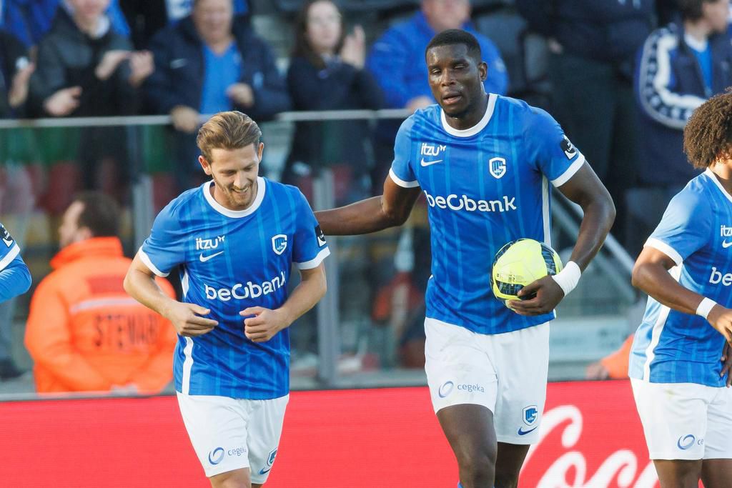 Genk s Paul Onuachu celebrates after scoring during a soccer match between KV Oostende and KRC Genk, Saturday 01 October 2022 in Oostende, on day 10 of the 2022-2023 Jupiler Pro League first division of the Belgian championship.