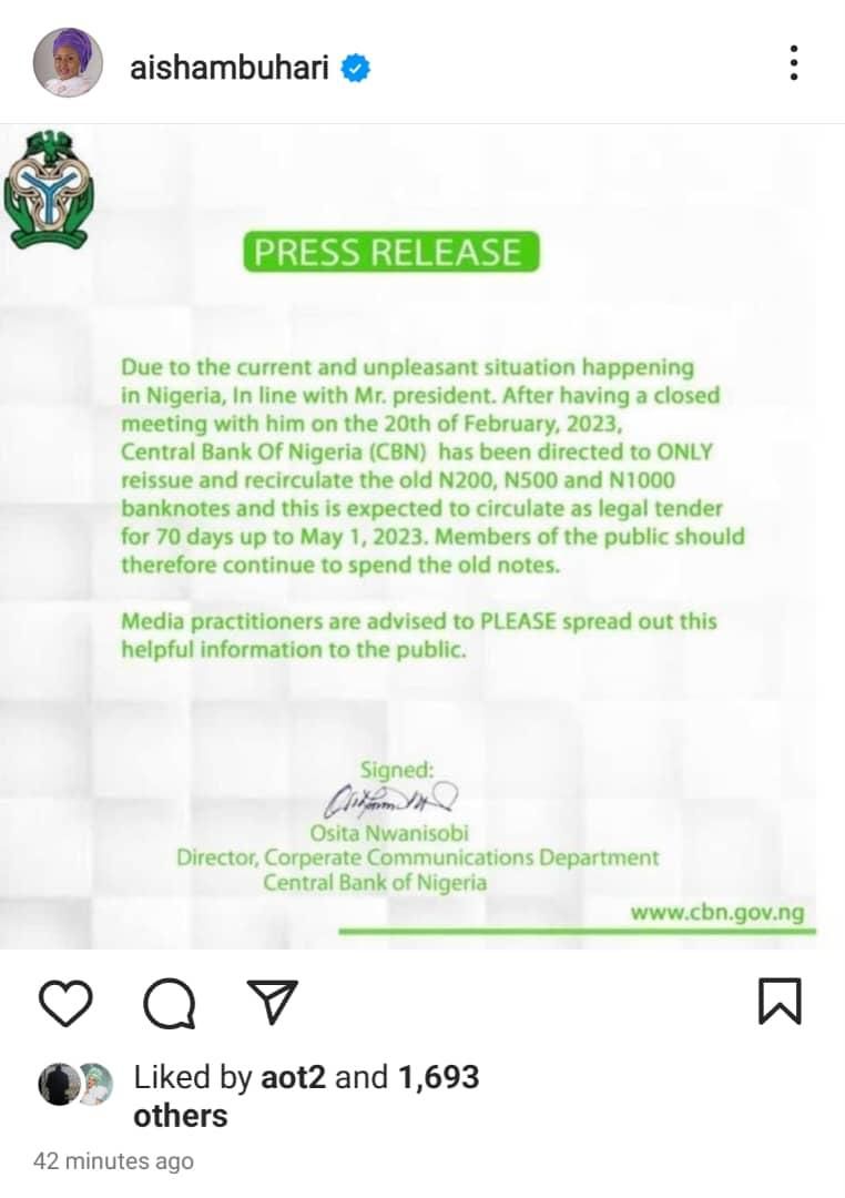 Aisha Buhari's post on Instagram.