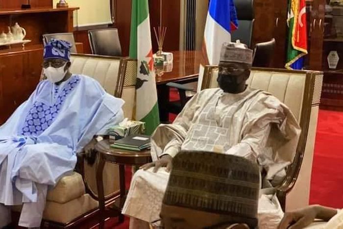 Senator Bola Ahmed Tinubu, Zamfara Governor, Bello Matawalle and former Borno state Governor, Kashim Shettima. [Twitter/@Shehusintalii]