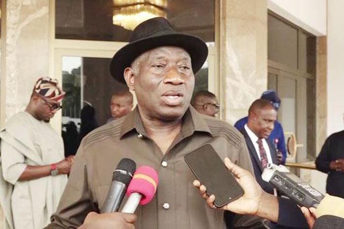 Former President Goodluck Jonathan briefs journalists after visiting President Bola Tinubu at the State House in Abuja on October 27, 2023