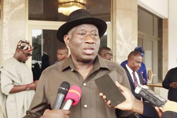 Former President Goodluck Jonathan briefs journalists after visiting President Bola Tinubu at the State House in Abuja on October 27, 2023