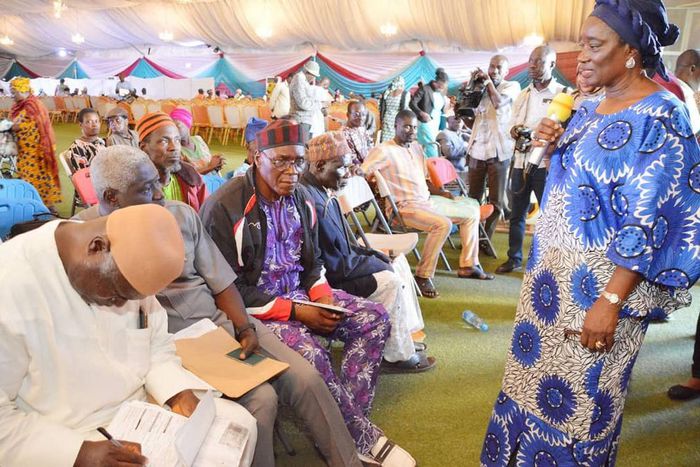 Dr Chioma Ejikeme, the Executive Secretary of the Pension Transitional Arrangement Directorate (PTAD) engages with pensioners. [Twitter/@PTADNigeria]