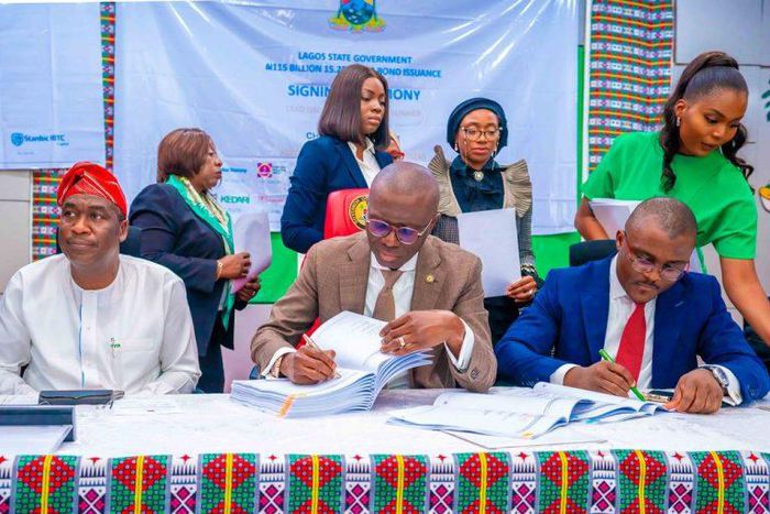 Lagos State governor, Babajide Sanwo-Olu (middle), with deputy governor, Dr Obafemi Hamzat (left), and Commissioner for Finance, Dr Rabiu Olowo (right) [NAN]