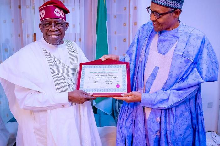 Tinubu visits Buhari in Daura, presents Certificate of Return. [Twitter:@MBuhari]