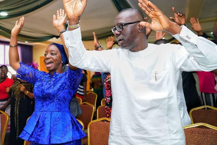Governor Babajide Sanwo-Olu and his wife, Ibijoke, praising God during a church service at the branch of the MFM Church in Lekki in 2019. [Sanwo-Olu/Twitter]