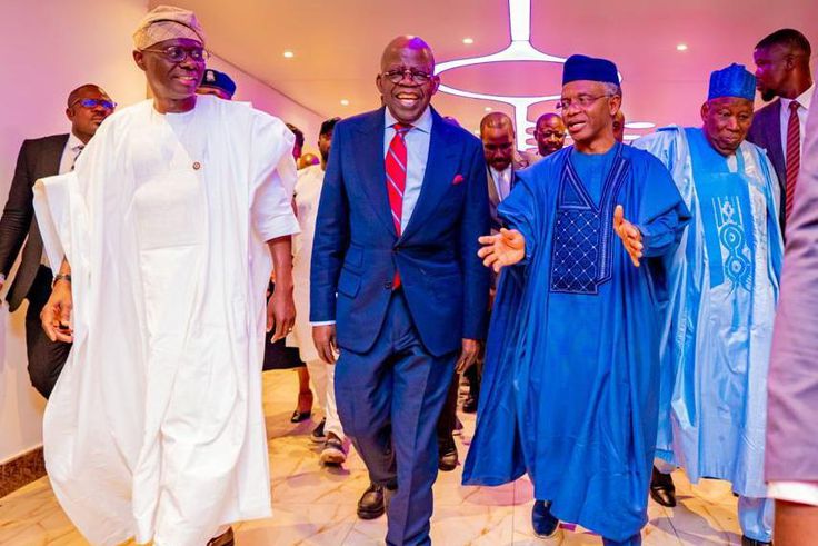 L-R: Gov. Babajide Sanwo-Olu of Lagos State; All Progressives Congress (APC) Presidential Candidate, Asiwaju Bola Tinubu; Kaduna State Governor, Mallam Nasir El Rufai and his Kano State counterpart, Dr. Abdullahi Ganduje during APC Presidential Campaig...