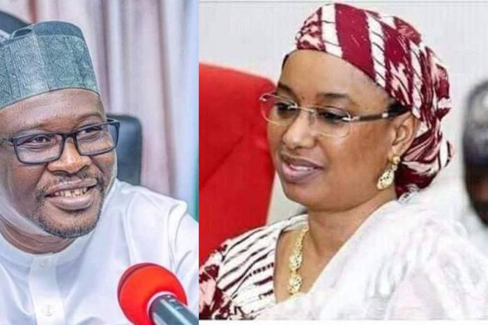 L-R: Adamawa State Governor and PDP candidate, Ahmadu Fintiri and APC governorship candidate, Aishatu Dahiru Ahmed.