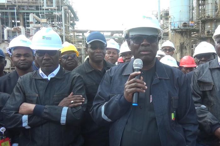 Minister of State for Petroleum Resources, Heineken Lokpobiri (middle with mic); NNPCL Group CEO, Mele Kyari (to his immediate right); and other officials during an inspection of the Kaduna Refinery on Saturday, October.
