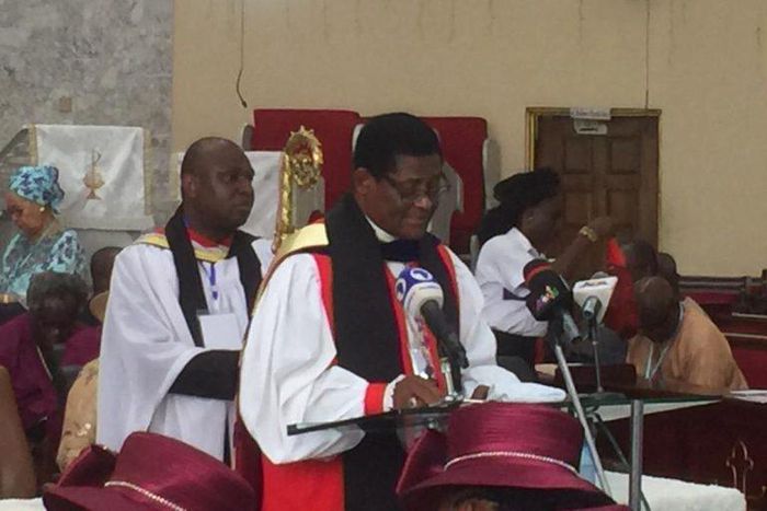 Primate of Anglican Communion Archbishop Henry Ndukuba addressing Newsmen in Abuja. [NAN]