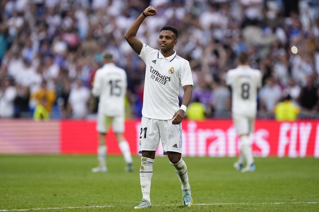 Rodrygo Goes winger of Real Madrid and Brazil celebrates victory after the La Liga Santander match between Real Madrid CF and FC Barcelona at Estadio Santiago Ber.nabeu on October 16, 2022