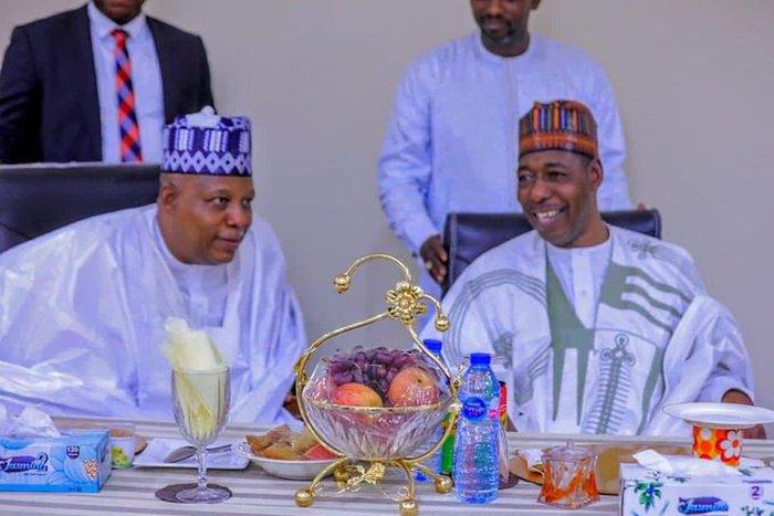 Borno State governor Babagana Zulum and Vice President-elect, Senator Kashim Shettima. [Twitter:MrMtag]