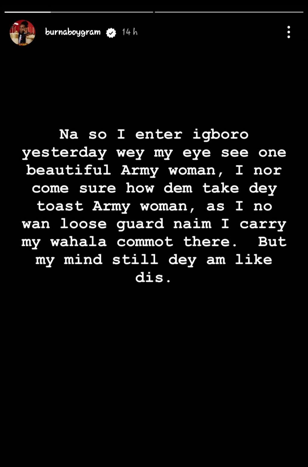 Burna Boy's story on Instagram