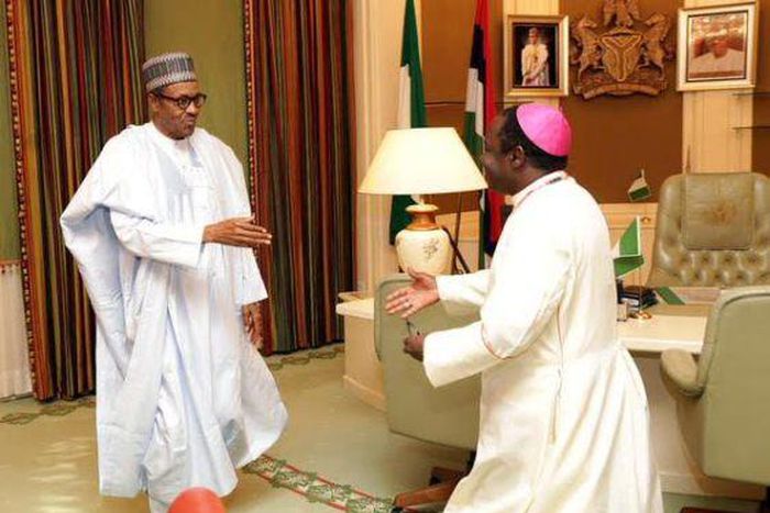 President Muhammadu Buhari meets with Reverend Matthew Kukah on August 27, 2015