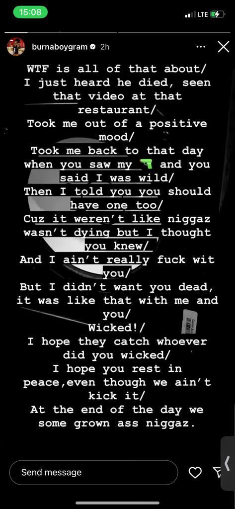 Burna Boy's Instagram Story Febrauary 16, 2023