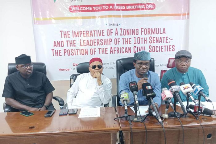 From L-R: Chairman, Youth Reform Group, Mr Charles Folayan; representative of Renewed Hope Prayer Fellowship, Pastor Prosper Kachikwu; President, African Civil Society Forum, Dr Tunji Asaolu; and Mr Martins Igwe at the news conference in Abuja