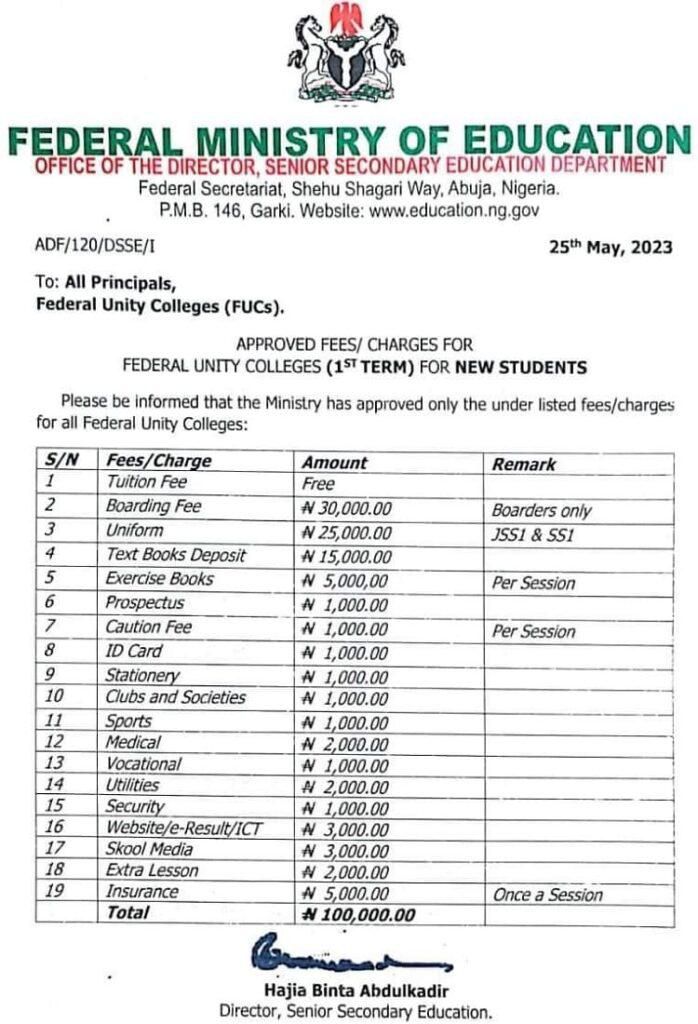 FG increases Unity Colleges’ fees from ₦45,000 to ₦100,000. [NAN]