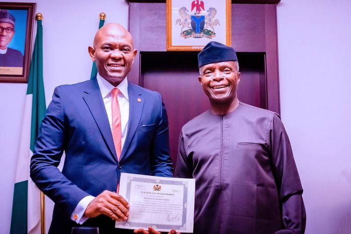 Billionaire businessman, Tony Elumelu (left), and Vice President Yemi Osinbajo (right) [Presidency]