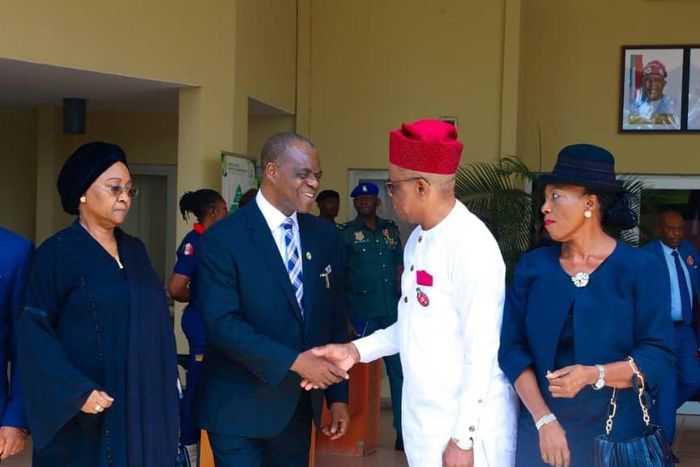 L-R: Hon. Justice B,F,N Nyako, Chief Judge, Federal High Court of Nigeria, Hon. Justice John Tsoho, FCT Minister, Barrister, Nyesom Wike and Hon Justice Gladys Olotu during the visit of the Chief Judge to the FCTA on Thursday  [NAN]