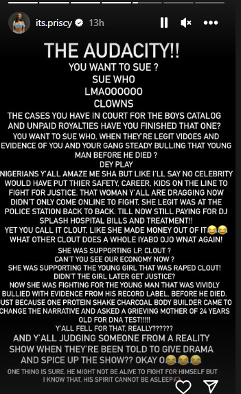 Priscilla's post calling Naira Marley out over his allegations against her mother [Instagram/its.priscy]