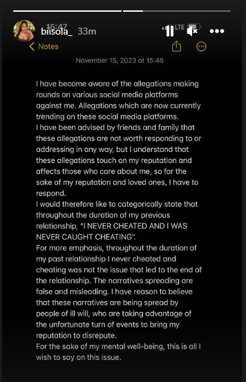 Yhemo Lee's ex girlfriend's full statement [Instagram/Biisola_]