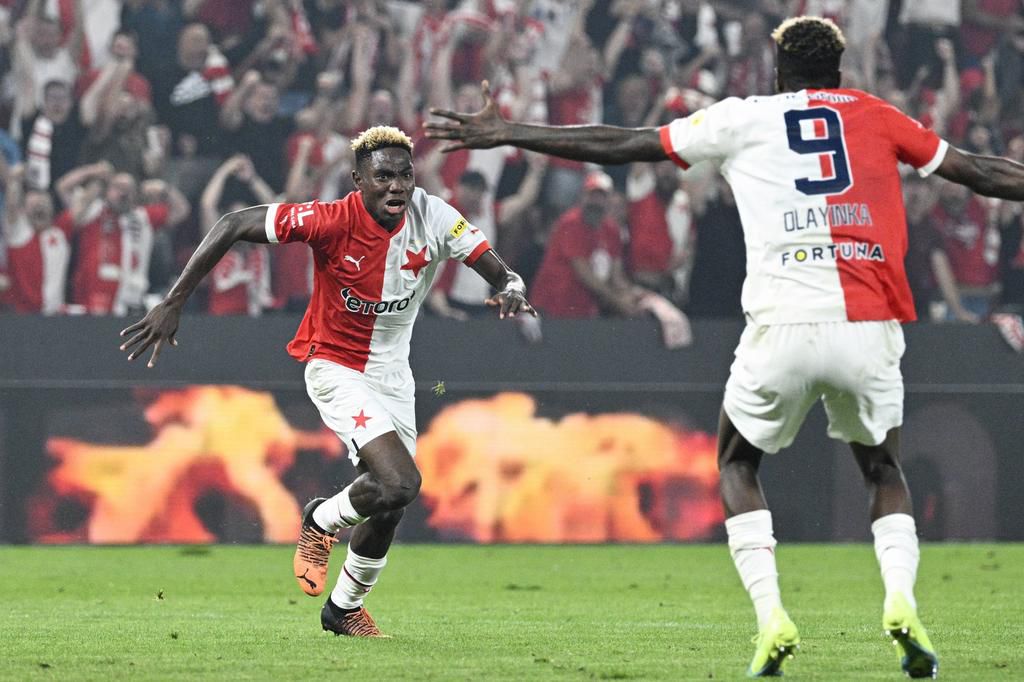 L-R Moses Usor and Peter Olayinka (Slavia) celebrate a goal during the SK Slavia Praha vs Rakow Czestochowa, return match of football European Conference League fourth qualifier round in Prague, Czech Republic