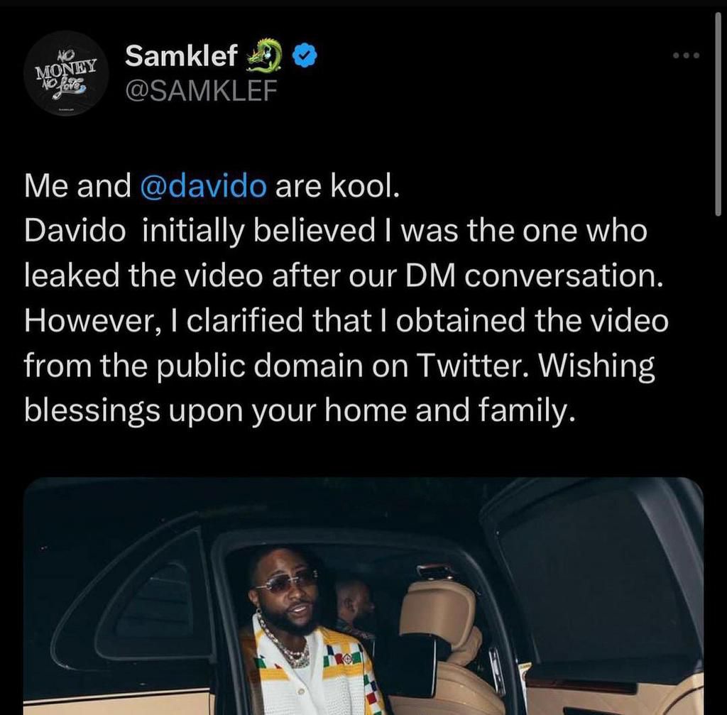 Samklef let everyone know that all was well between him and Davido