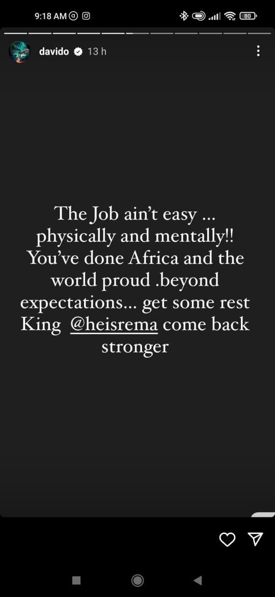 Davidos post encouraging Rema to rest [Instagram/Davido]