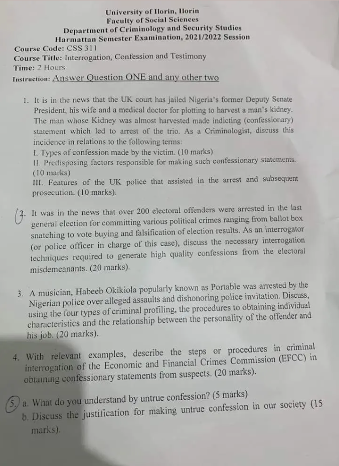 UNILORIN references Ekweremadu, Portable's cases in criminology exam questions.