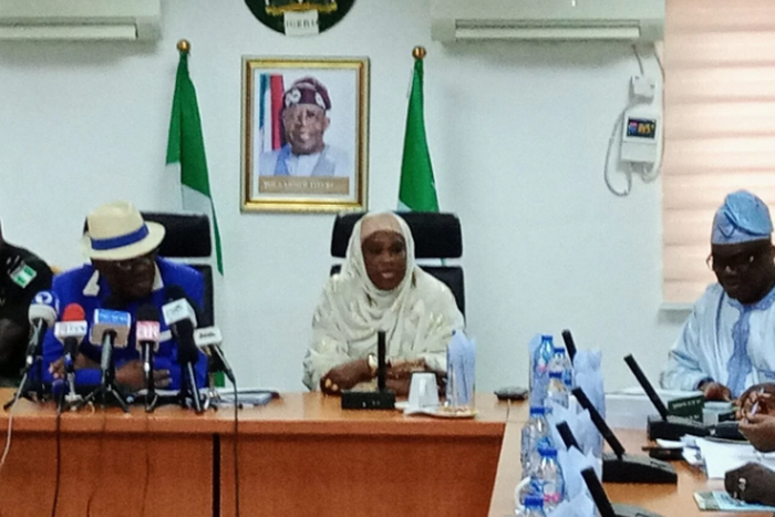 From L-R: The Minister of the Federal Capital Territory (FCT) Mr Nyesom Wike; Minister of State for FCT, Dr Mariya Mahmoud; and Permanent Secretary, Federal Capital Territory administration, Me Adsole Olusade, during a meeting with contractors on Monda...