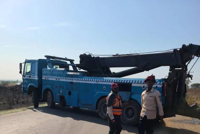 Personnel of FRSC at the scene of road traffic crash on Kano-Kaduna expressway on Sunday in Kaduna. [NAN]