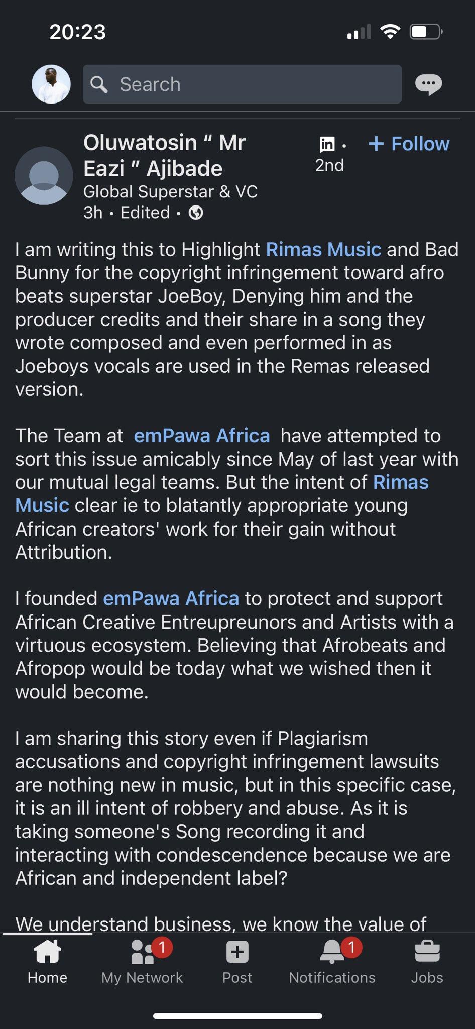 Mr Eazi's Linkedin Page