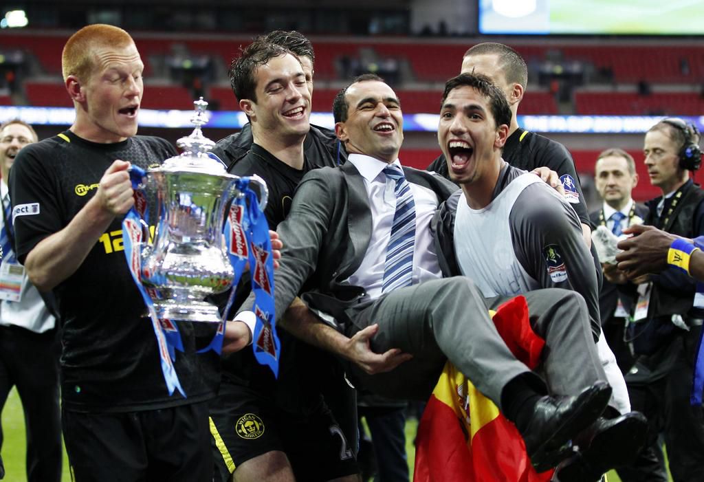 Roberto Martinez celebrating Wigan's FA Cup triumph in 2013