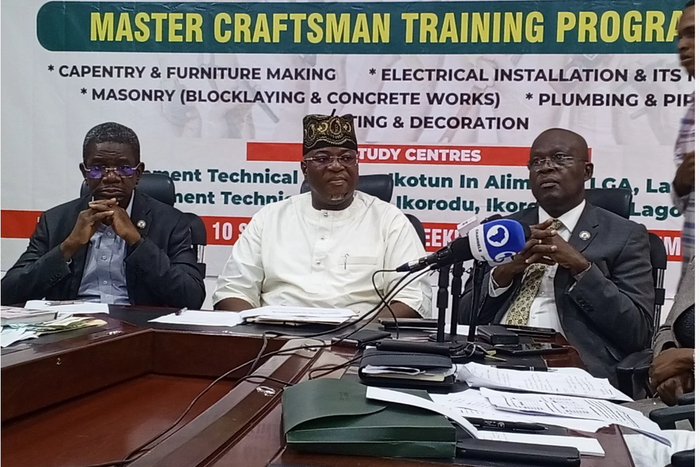 Permanent Secretary, Office of Works, Lagos State Ministry of Works and Infrastructure, Mr Adebayo Odusaya; Permanent Secretary Ministry of Housing, Mr.Kamar Olowoshago and Permanent Secretary, Ministry of Information, Mr Olumide Sogunle during a press...