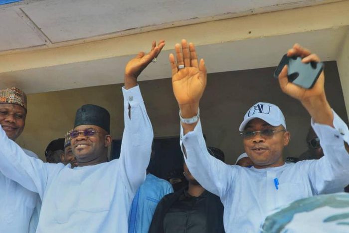 Gov. Yahaya Bello of Kogi (L), and Usman Ododo (R), the APC Aspirant and the Governor ‘s preferred candidate during the Primary election on Friday at Aggassa Ward in Okene