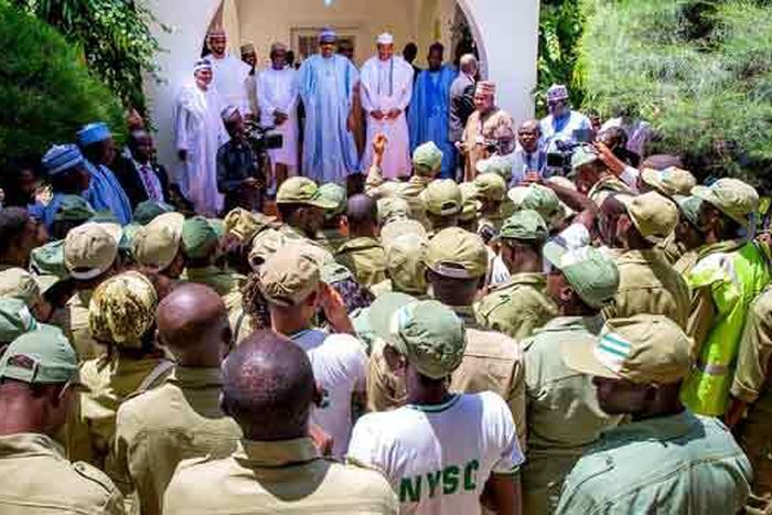 President Muhammadu Buhari received Corps members serving in Katsina State at his residence in Daura. [Vanguard]