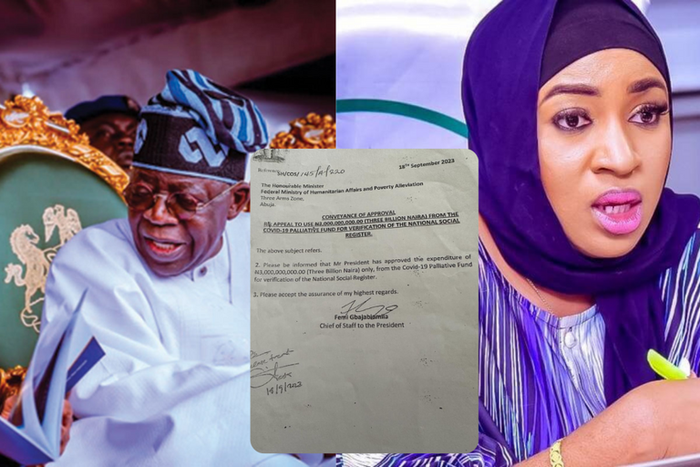 Chief of Staff, Femi Gbajabiamila, President Bola Tinubu and Beta Edu, the suspended minister of Humanitarian Affairs. [Sahara Reporters]